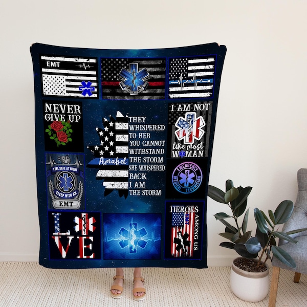 Personalized EMS EMT Paramedic Thin White Line Blanket, They Whispered To Her Blanket, Custom Sunflower US Flag, Gift For Medical Worker.