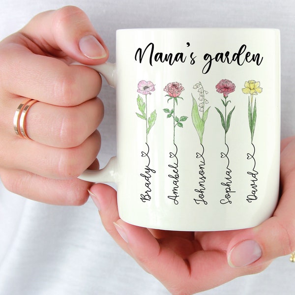 Conception de tasse de fleur de mois de naissance, tasse de jardin de Nana, idées de cadeau pour la grand-mère, Gigi, tasse à café personnalisée, cadeau de petit-enfant.