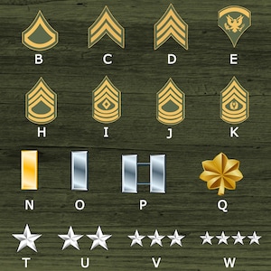 May include: A chart of military rank insignia for the United States Army. The chart shows the different ranks from Private to General, with the corresponding insignia for each rank. The insignia are displayed in a grid format, with the rank name and the insignia below it.