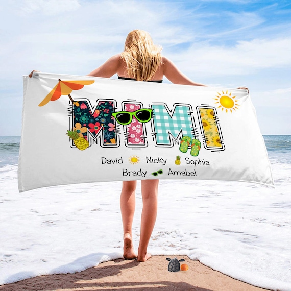 Customized Flower Mimi Beach Towel, Personalized Mama Hand Towel For Summer, Summer Gift Ideas, Gift For Mom, Grandma, Gift From Child.