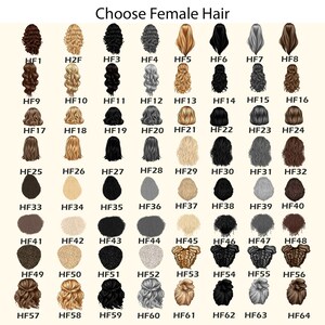 May include: A chart of 64 different female hair styles, labeled with numbers and the letters HF. The hair styles are shown from the back.