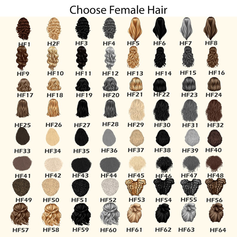 May include: A chart of 64 different female hair styles, labeled with numbers and the letters HF. The hair styles are shown from the back.