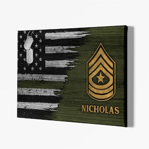 Custom Name Army Insignia Rank US Poster,Personalized US Military Soldier Veteran Thin Line Patriotic American Flag Canvas Prints, Men Gifts