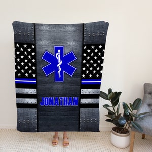 Gift For Medical Worker, EMS EMT Paramedic Thin White Line Blanket, Custom Star Of Life US Flag, Rod Of Asclepius Symbol, Gifts For Women