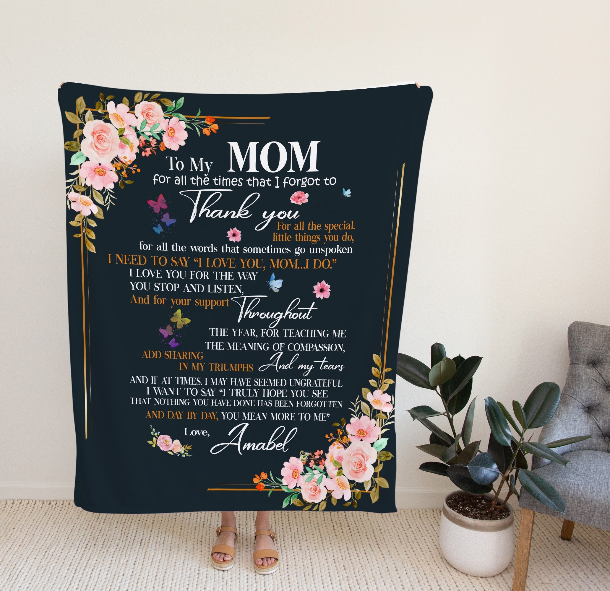 Discover Custom Floral Blanket, Personalized To My Mom For All The Times That I Forgot To Thank You Blanket, Butterflies Art Print, Gift For Mother.