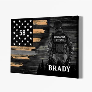 Half Flag Correctional Officer Badge Personalized Canvas, Custom Thin Silver Line Canvas, American Flag Art Print, Patriot Pride Gift.
