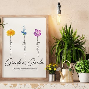 Custom Watercolor Birth Month Flower With Names, Personalized Grandma's Garden Canvas, Gift Ideas For Grandparent, Gift From Grandkid.