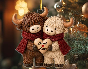 Personalized Highland Cow Couple Ornament, Cow Christmas Ornament 2026, Farmhouse Western Tree Decor, Custom Name Christmas Gifts for Couple