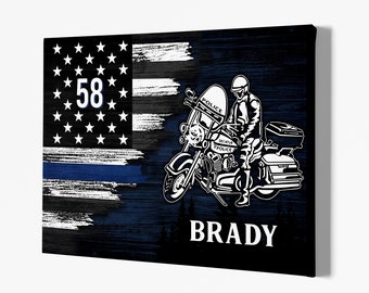 Custom Half Thin Blue Line Flag Motorcycle Officer Canvas, Personalized Thin Blue Line Poster, American Flag Art Print, Patriot Pride Gift.
