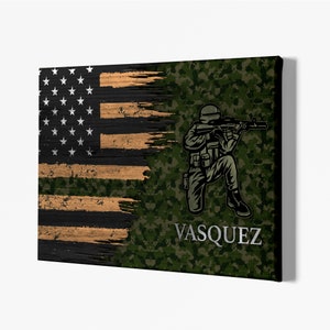 Army Personalized Canvas Print, Half Thin Green Line Wall Art, Gift for Army, Patriotic American Flag Canvas Prints.