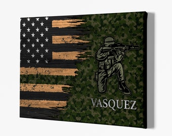 Army Personalized Canvas Print, Half Thin Green Line Wall Art, Gift for Army, Patriotic American Flag Canvas Prints.