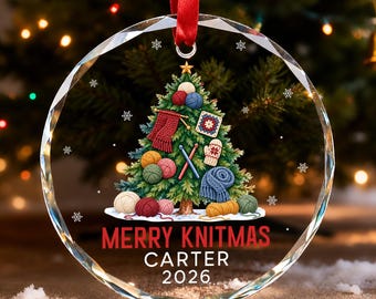 Personalized Merry Knitmas Christmas Tree Ornament, Custom Name Knit Yarn Ornament, Knitting Lover Gift, Crochet Lover Christmas Decor