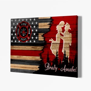 Custom Firefighter And Lover Canvas, Personalized Couple Name US Flag Canvas, Vintage Wooden Background, Gift For Couple.