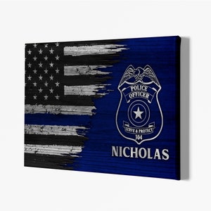 Custom Name Logo Number Badge Police Officer,Personalized Thin Line Lives Matter American Flag Canvas Prints,Law Enforcement Poster Wall Art