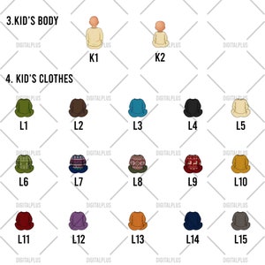 May include: A set of 15 digital illustrations featuring a baby's body and various clothing options. The illustrations are in a cartoon style and feature a variety of colors and patterns.