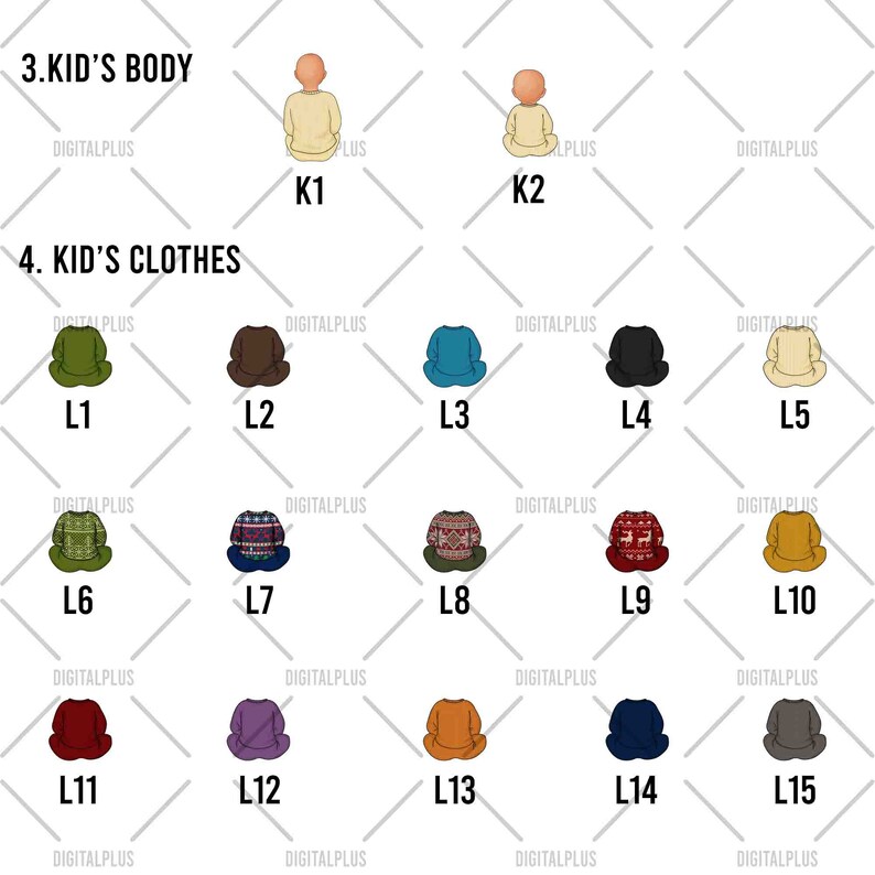 May include: A set of 15 digital illustrations featuring a baby's body and various clothing options. The illustrations are in a cartoon style and feature a variety of colors and patterns.