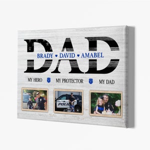 Personalized Canvas Gift For Police Officer , Custom My Hero My Protector Poster, Blue Thin Line Art Print, Police Dad Gift Ideas.