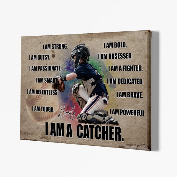 Custom Baseball Player Catcher, Pitcher, Batter Poster, Personalized I Am Strong Canvas, Gift From Parent To Kid, Baseball's Lover Gift.