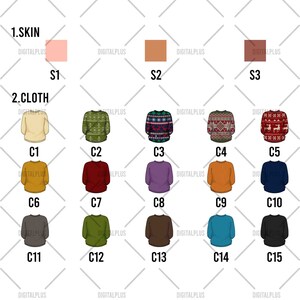 May include: A chart with 15 different color options for skin and clothing. The chart is labeled "1. Skin" and "2. Cloth". The skin options are pink, light brown, and brown. The clothing options include a variety of colors and patterns, including cream, green, red, purple, orange, blue, and black.