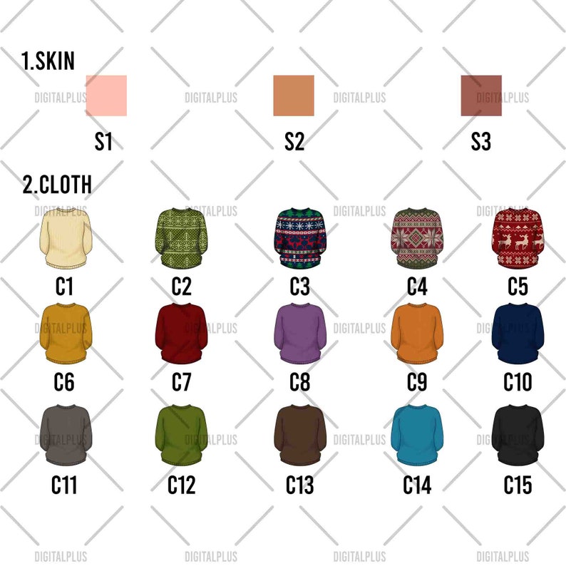 May include: A chart with 15 different color options for skin and clothing. The chart is labeled "1. Skin" and "2. Cloth". The skin options are pink, light brown, and brown. The clothing options include a variety of colors and patterns, including cream, green, red, purple, orange, blue, and black.