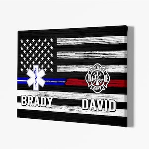 Custom Firefighter EMT Canvas, Fireman EMS Poster For Firefighter Department, First in Last Out Responder, Patriot Pride Gift.