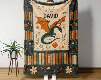 Dragon Bookshelf Blanket, 4th Wing Blanket, Book Lover Gifts, Fantasy Gift For Her, Fantasy Library Gifts, Bookish Gifts, Reading Blanket