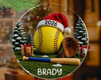 Personalized Softball Christmas Ornament 2026, Softball Xmas Tree Decoration for Girl Boy Kid, Softball Gift for Lover Player Catcher Coach