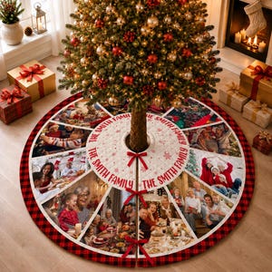 May include: A round Christmas tree skirt featuring a white quilted center with red snowflake patterns and the text THE SMITH FAMILY printed in red. The skirt displays multiple photo panels and is bordered by a red and black buffalo plaid trim.