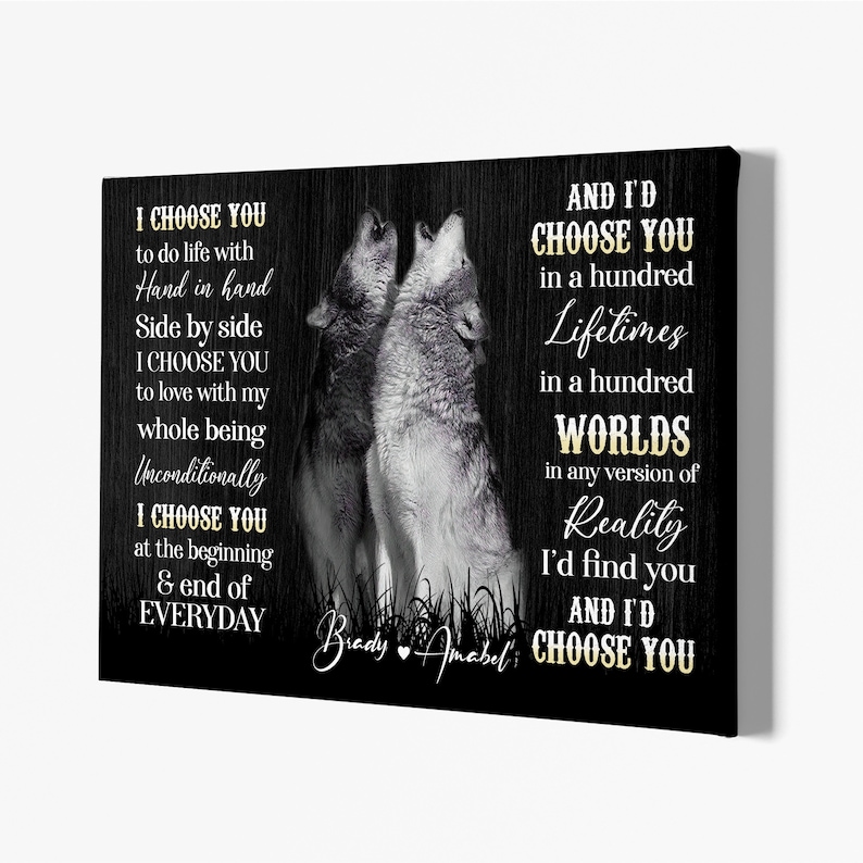 May include: Black and white image of two wolves howling at the moon. The image has a quote about love and commitment with the names Brady and Amabel.