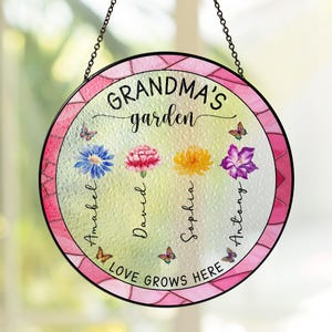 Grandma&#39;s Garden Stained Glass Window Hanging Suncatcher, Mothers Day Gifts, Birthday Gifts For Grandma, Nana, Grandma Gifts From Grandkids