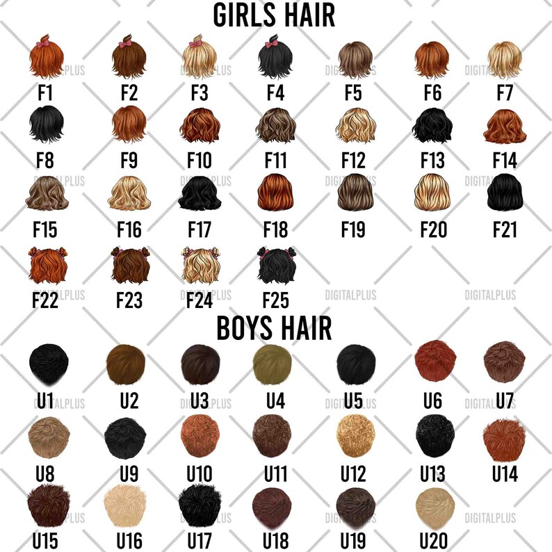 May include: A chart with 25 different hairstyles for girls and 20 different hairstyles for boys. The hairstyles are shown as back views of heads with different hair colors and styles.