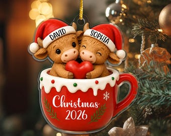 Personalized Cow Couple Christmas Ornament 2026, Custom Name Christmas Gifts for Couple, Farm Animal Cow Ornament, Rustic Love Keepsake 2026