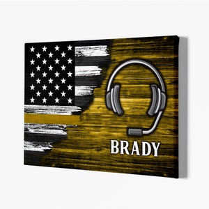 Half Thin Gold Line Custom Name Personalized Dispatcher Canvas, Personalized Headset Dispatcher Poster, Patriot Pride Gift.