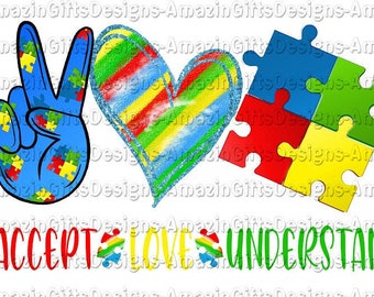 Autism Awareness | Digital Download | PNG | Sublimation | Hand Drawn | Doodle | Puzzle Pieces | Printable | Accept Love Understand | Peace
