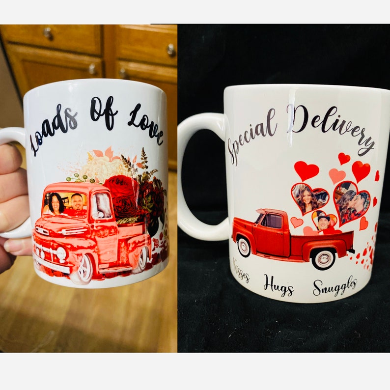 May include: Two white ceramic mugs with a red pickup truck design. One mug says "Loads of Love" and the other says "Special Delivery Kisses Hugs Snuggles".