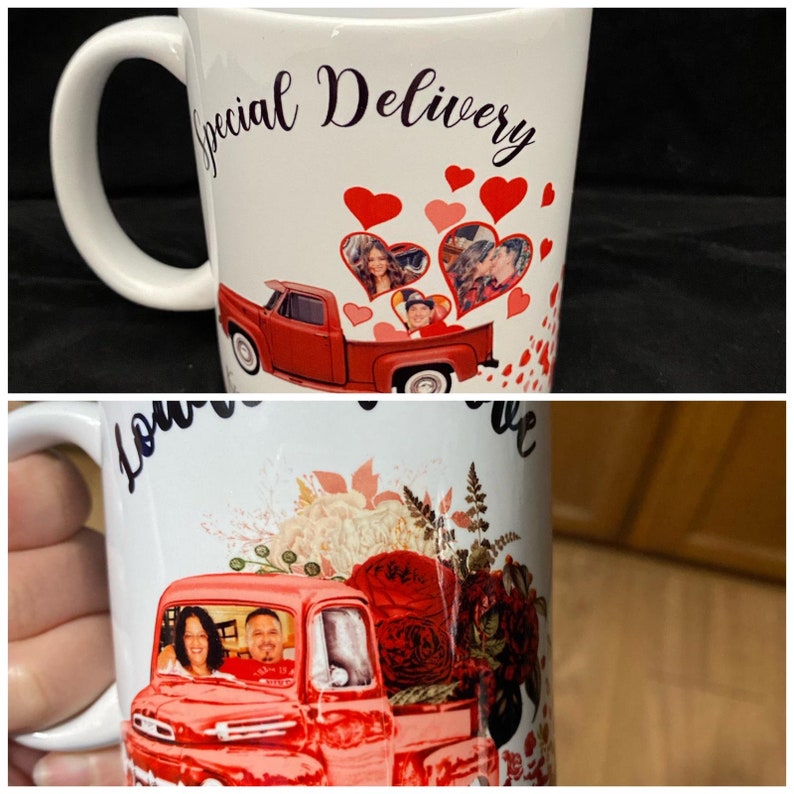 May include: White ceramic mug with a red pickup truck and hearts printed on it. The truck has a couple in the bed and the text "Special Delivery" is printed on the mug.