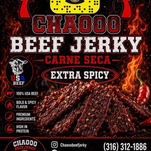 Peut inclure: Image promotionnelle pour Chaooo Beef Jerky. L'image présente un tas de jerky rouge foncé avec des épices visibles, des flammes et du texte indiquant « EXTRA SPICY » et « CARNE SECA ». L'emballage met en évidence « 100% USA BEEF » et « HIGH IN PROTEIN ».