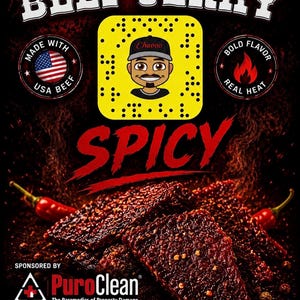 May include: Promotional image for Chaooo Beef Jerky. The image features the product name in bold white letters, a Snapchat code, and the word "SPICY" in red. The image also includes a picture of the jerky, red chili peppers, and the ingredients.