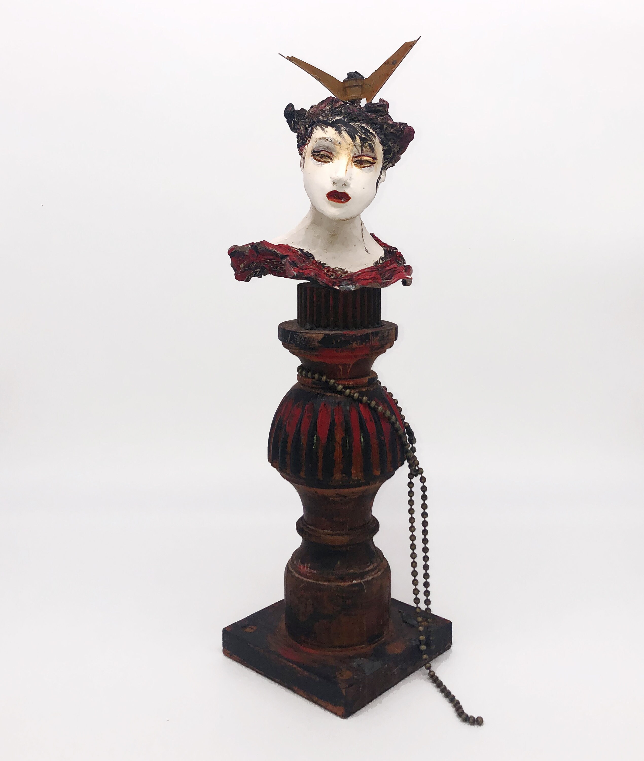 Lady on a Pedestal Ceramic Figurative Sculture Assembled With Found