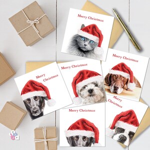 Verpackte Weihnachtskarten 6er Pack.  Hochwertige Karten, die von Original Bleistiftkunstwerken gedruckt werden. Süße Tiere mit Nikolausmützen.