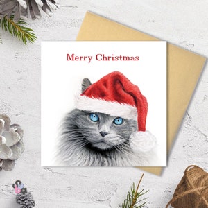 Rauch-Weihnachtskarte. Gedruckt aus original Bleistiftzeichnung. Entzückende Tiere, die Weihnachtsmützen tragen.