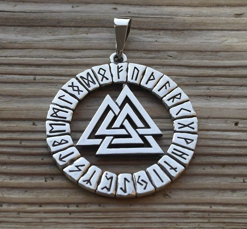 Valknut in Futhark Circle Viking Nordic Sacred Protection Handmade Talisman Runes Pendant Celtic Scandinavian Druid Jewelry.
