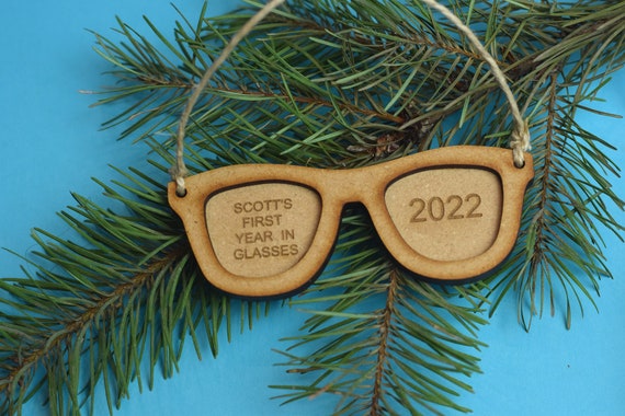 Custom Glasses Christmas Ornament, Engraved Wood, Kids Eyeglasses Gift