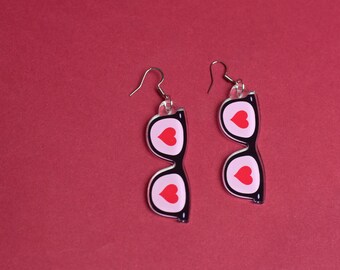 Pendientes acrílicos con forma de corazón y gafas para San Valentín, regalo para optometristas.