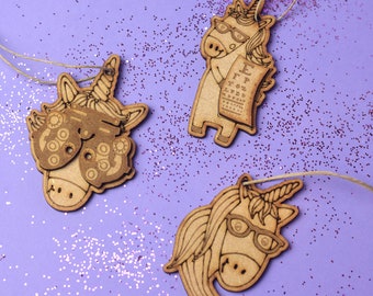 Adorno navideño de madera de unicornio con optometría, regalo para oftalmólogos.