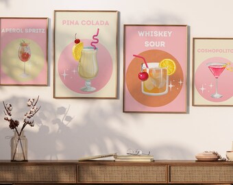 Retro Wall Art, Digital Download, Set of 5 Prints, Trendy Wall Decor, Printable Wall Art, Cocktail Prints, Gallery Wall, Dorm Room Decor