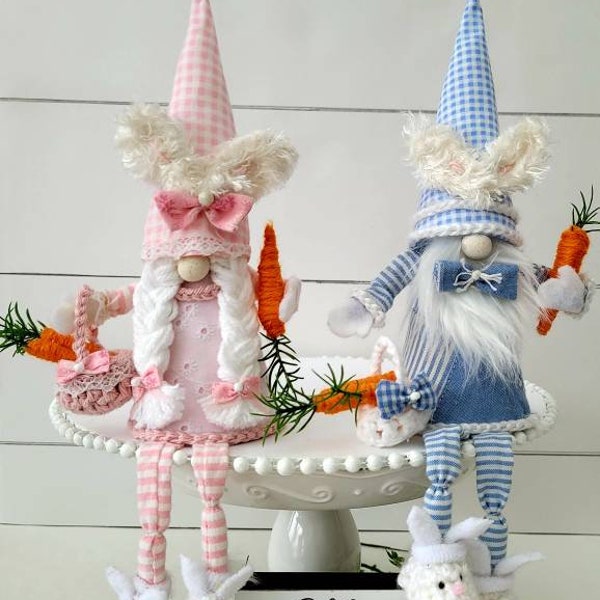 Easter bunny gnomes, spring boy, girl gnome decor with arms, legs. Basket and carrots included. Farmhouse,  tiered tray, mantle, shelf.