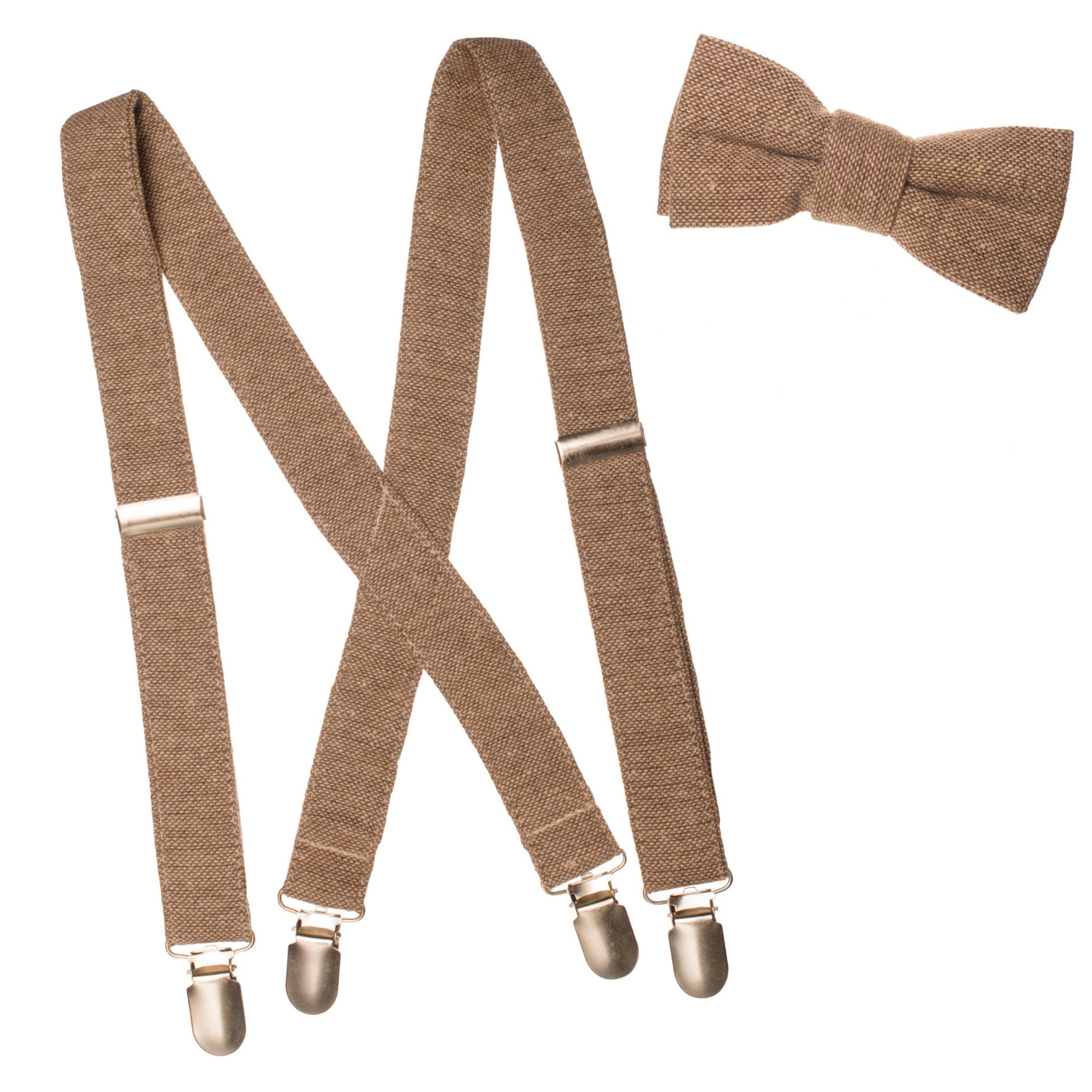 Burlap Bow Tie & Tan Vegan Leather Suspenders Set, Medium (5yrs-10yrs) / Set- Bowtie & Suspenders