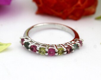 Multi Tourmaline Band Ring, Gemstone Band Ring, 925  Sterling Silver, Eternity Wedding Band, Gift For Girls