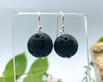14mm Lava Bead Earrings, Sterling Silver, Essential Oil Diffuser Jewelry, Minimalist Style
